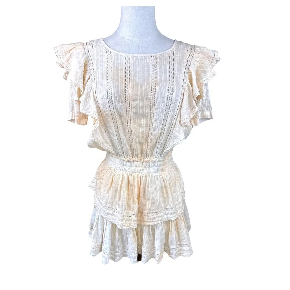 LoveShackFancy SZ SM Natasha Lace Ruffle‎ Mini Dress Cream Ivory Smocked Waist - Picture 5 of 15